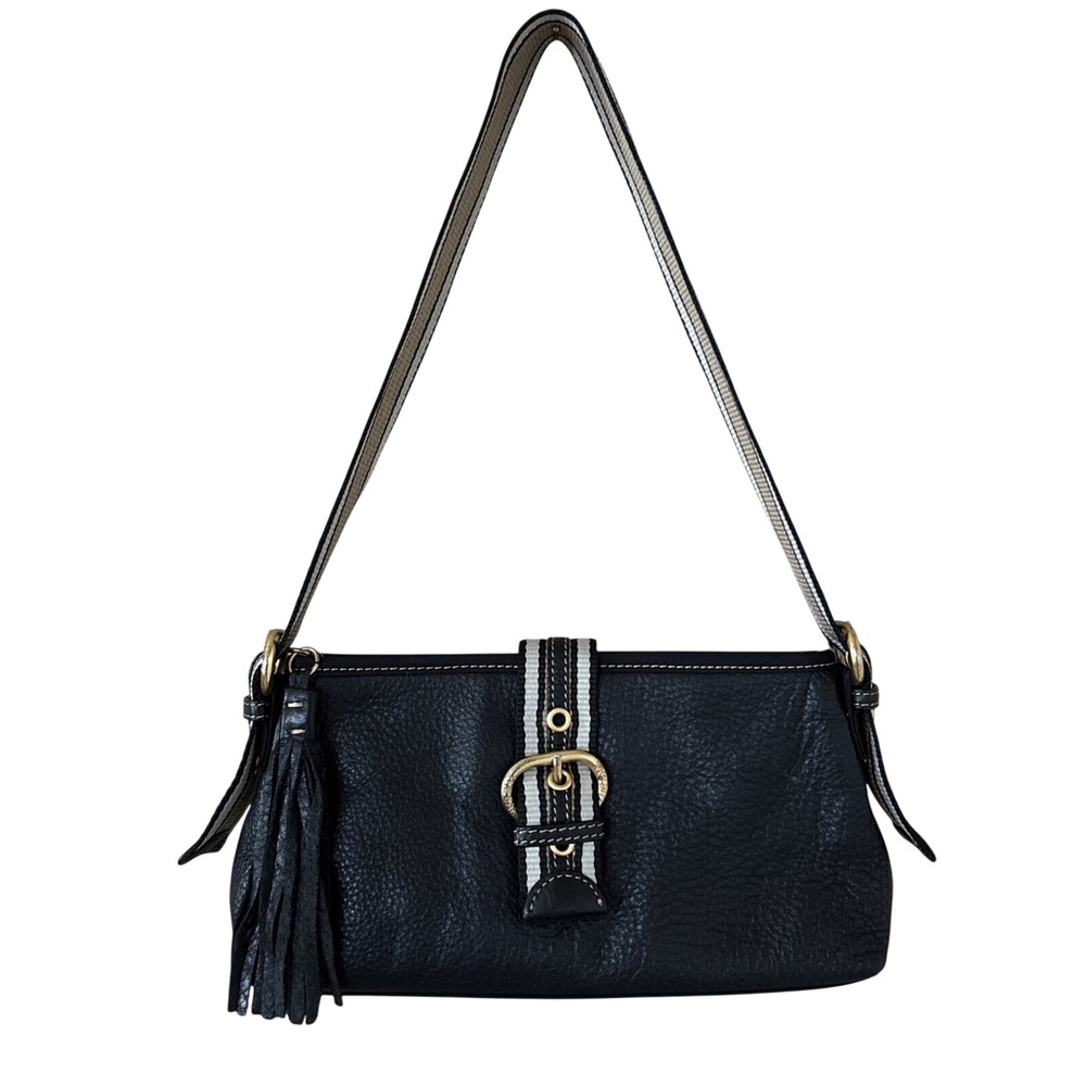 The SAK Black Pebble Soft Leather Baguette Shoulder Purse Handbag Gold Y2K Strap